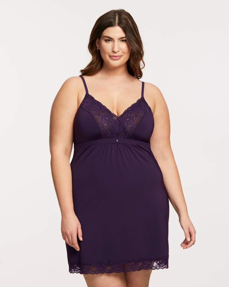 Front of a model wearing a size XL Bust Support Chemise in Purple Velvet by Montelle. | dia_product_style_image_id:184902